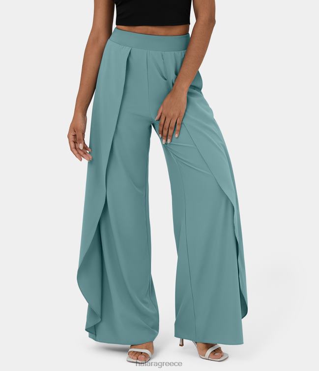 άνετο ψηλόμεσο βολάν με πλαϊνό βολάν με φαρδύ πόδι, γρήγορο και στεγνό καθημερινό παντελόνι γυναίκες Halara 4TH82201 ενεργά ρούχα ορυκτό μπλε