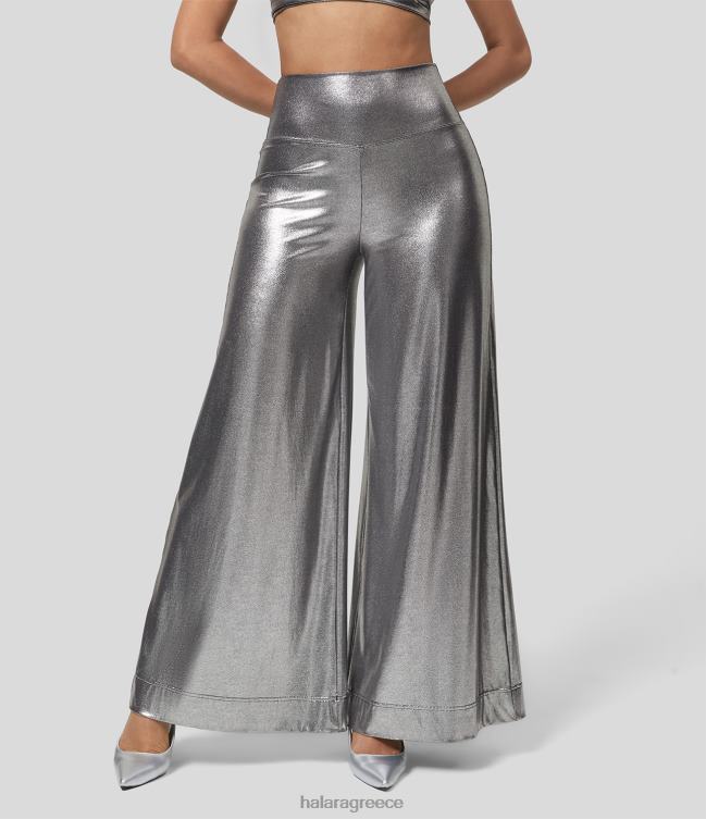 Softlyzero ψεύτικο δέρμα με ψηλόμεσο φαρδύ πόδι με μεταλλικό φύλλο αλουμινίου ελαστικό παντελόνι για πάρτι γυναίκες Halara 4TH82206 ενεργά ρούχα γυαλιστερό μαύρο ασημί