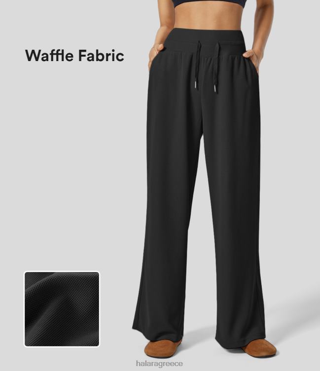 Φαρδύ casual παντελόνι με ψηλόμεσο κορδόνι στο πλάι με βάφλα γυναίκες Halara 4TH82149 ενεργά ρούχα μαύρος