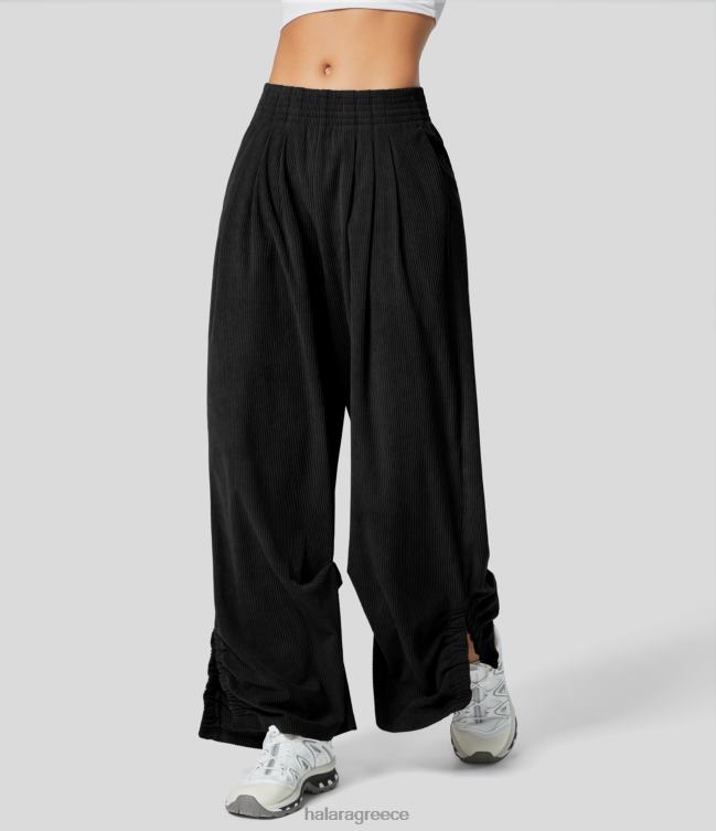 μεσαίου ύψους ελαστική μέση τσέπη στο πλάι με σχιστό στρίφωμα κοτλέ casual παντελόνι με φαρδύ πόδι γυναίκες Halara 4TH82183 ενεργά ρούχα μαύρος