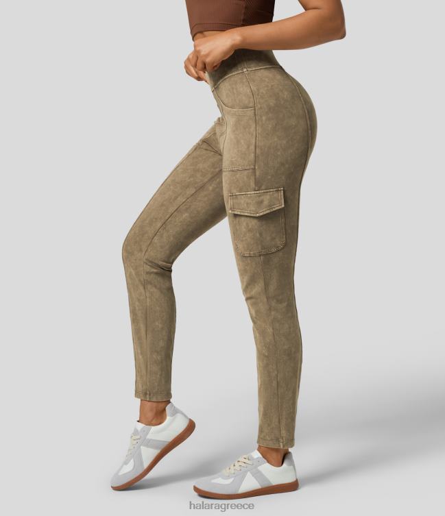 Ψηλόμεση πολλαπλές τσέπες πλυμένα casual cargo παντελόνια γυναίκες Halara 4TH82276 ενεργά ρούχα βαμμένο καφέ κίτρινο