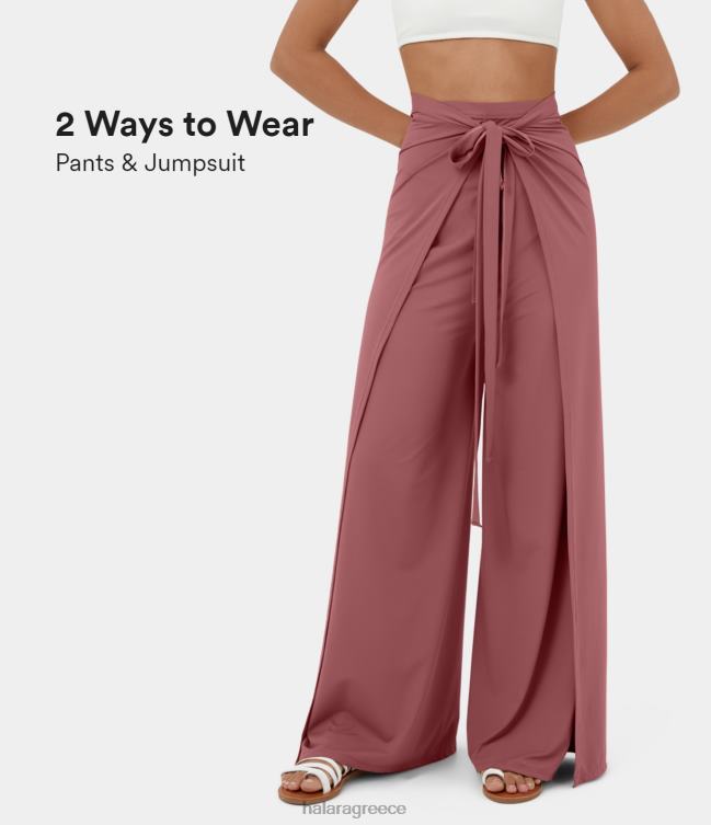 Ψηλόμεση γραβάτα μπροστά με σπαστό στρίφωμα palazzo φαρδύ ριχτό casual παντελόνι γυναίκες Halara 4TH82126 ενεργά ρούχα ανοιχτό ροζ κόκκινο