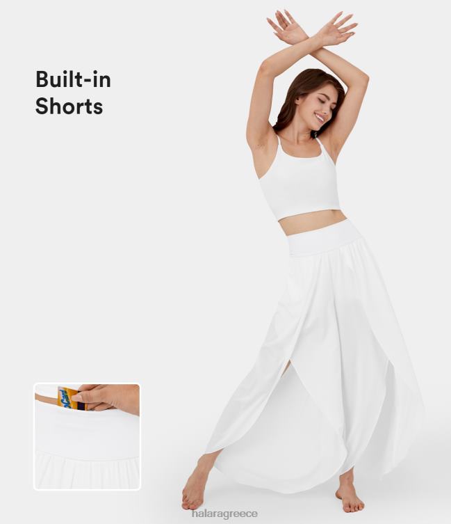 άνετο ψηλόμεσο πίσω τσεπάκι palazzo flowy split φαρδύ πόδι 2 σε 1 γρήγορο στέγνωμα casual παντελόνι γυναίκες Halara 4TH82129 ενεργά ρούχα άσπρο