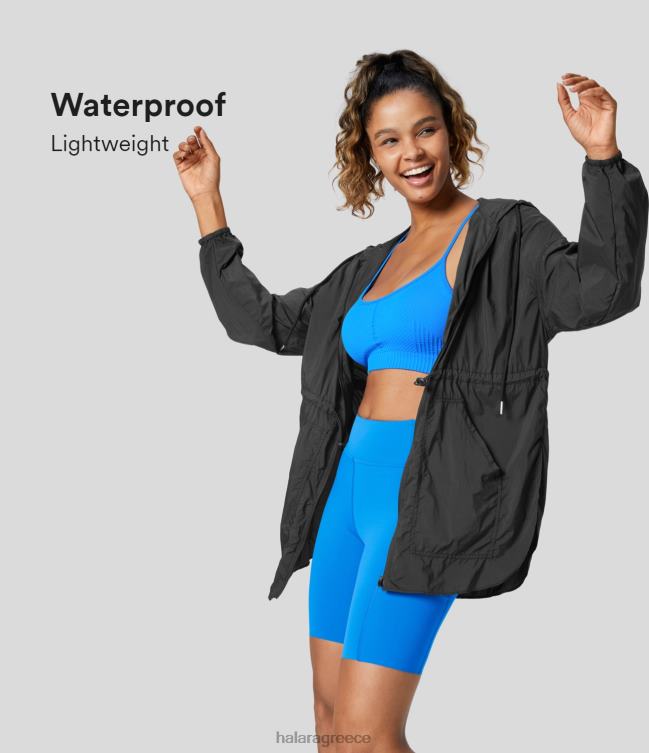 ελαφρύ αδιάβροχο μπουφάν πεζοπορίας με κουκούλα, ρυθμιζόμενο κορδόνι περίσφιξης με μέση τσέπη με κυρτό στρίφωμα γυναίκες Halara 4TH822031 ενεργά ρούχα μαύρος