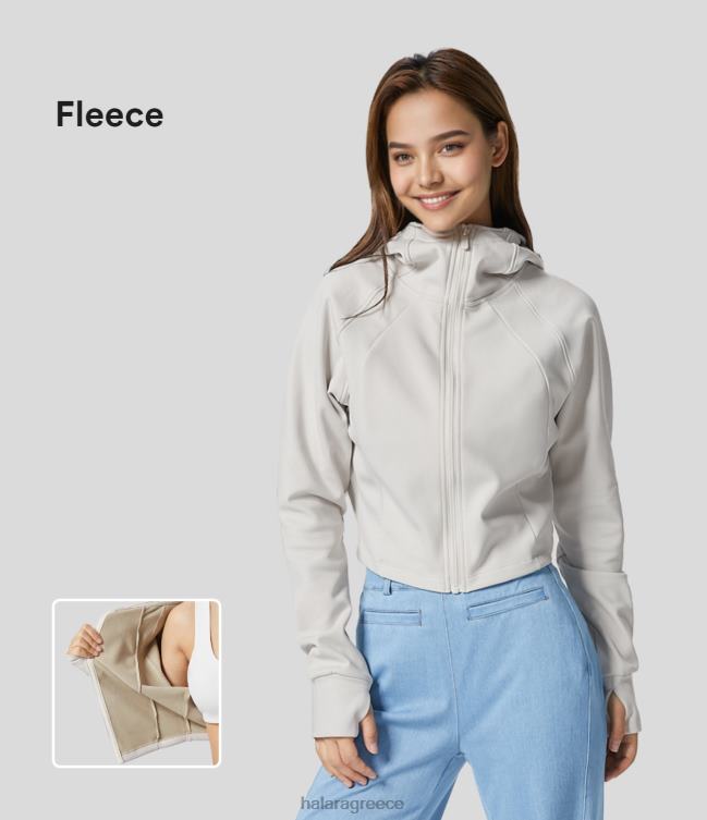 casual μπουφάν με κουκούλα ρεγκλάν τρύπα αντίχειρα με φερμουάρ φλις γυναίκες Halara 4TH821980 ενεργά ρούχα λευκό αλυσούμι