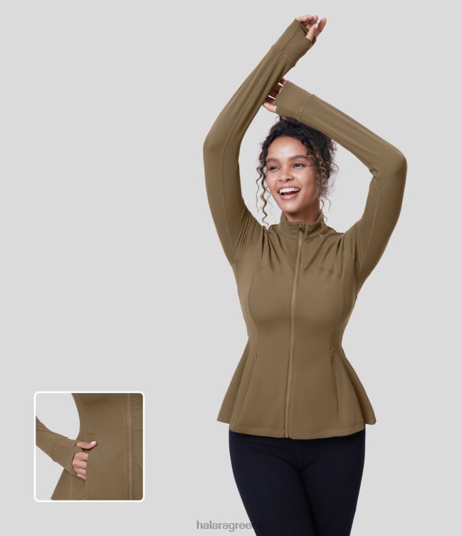 softlyzero μακρύ μανίκι τρύπα αντίχειρα πλαϊνή τσέπη με φερμουάρ βολάν στρίφωμα λεπτό μπουφάν γιόγκα γυναίκες Halara 4TH822030 ενεργά ρούχα καστανο καφέ