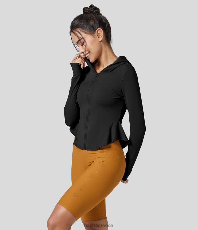 softlyzero αέρινο φερμουάρ μακρύ μανίκι τρύπα αντίχειρα βολάν στρίφωμα με κουκούλα λεπτό τζάκετ γιόγκα γυναίκες Halara 4TH822039 ενεργά ρούχα μαύρος