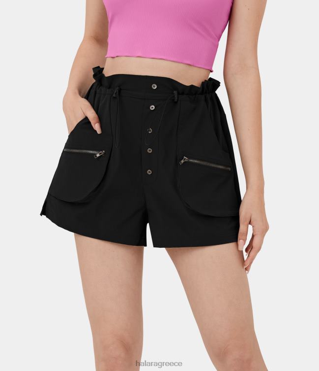 ψηλόμεση χάρτινη τσάντα μέσης ρυθμιζόμενο κορδόνι με φερμουάρ στην πλαϊνή τσέπη με σπαστό casual σορτς φορτίου 2'' γυναίκες Halara 4TH82280 ενεργά ρούχα μαύρος