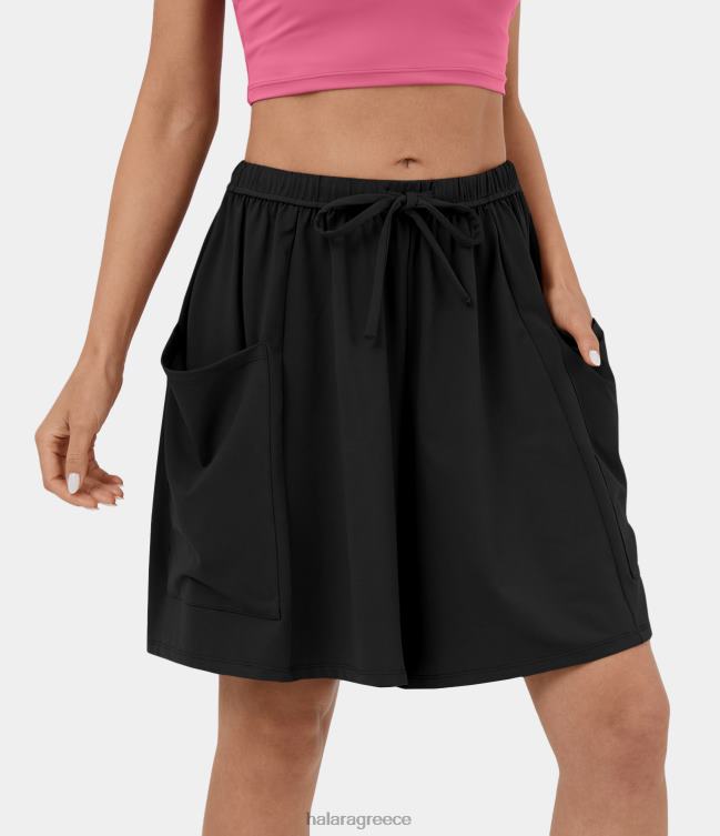 μεσαίου ύψους ελαστική μέση με κορδόνι περίσφιξης πλαϊνή τσέπη palazzo flowy φαρδύ casual σορτς γυναίκες Halara 4TH821266 ενεργά ρούχα μαύρος