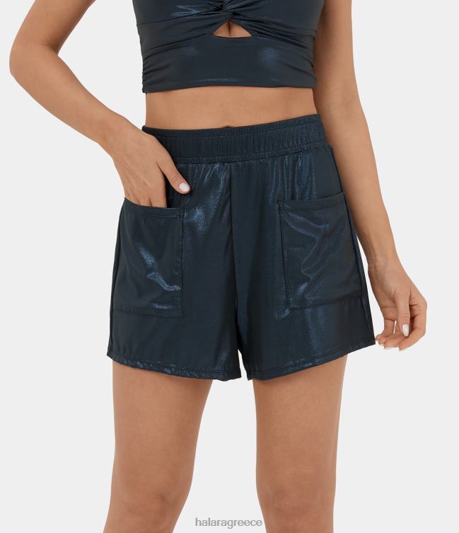 softlyzero ψεύτικο δέρμα με ψηλόμεσο φύλλο αλουμινόχαρτο στο πλάι με ελαστικό casual σορτς 3'' γυναίκες Halara 4TH821548 ενεργά ρούχα γυαλιστερό μεσάνυχτα μπλε