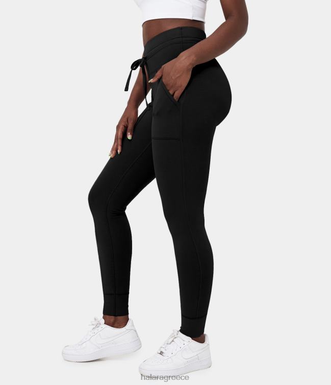 Βαμβακερό κορδόνι περίσφιξης με ψηλόμεσο τζόγκερ 7/8 γυναίκες Halara 4TH8283 ενεργά ρούχα μαύρος