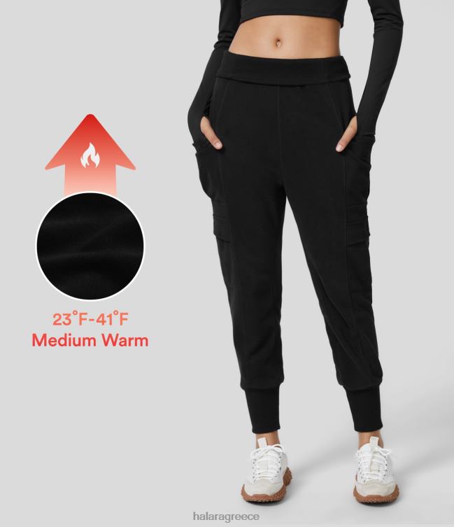 ψηλόμεση αναδιπλούμενη πλαϊνή τσέπη χαρέμι ​​φλις casual βαμβακερό cargo joggers γυναίκες Halara 4TH8212 ενεργά ρούχα μαύρος