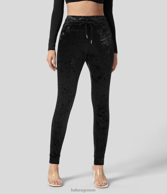 Ψηλόμεση πλαϊνή τσέπη με κορδόνι περίσφιξης ολόσωμο βελούδινο casual joggers γυναίκες Halara 4TH8295 ενεργά ρούχα μαύρος