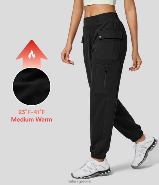 μεσαίου ύψους ελαστική ζώνη στη μέση πολλαπλές τσέπες φερμουάρ fleece πεζοπορία βαμβακερό φούτερ φορτίου γυναίκες Halara 4TH8274 ενεργά ρούχα μαύρος