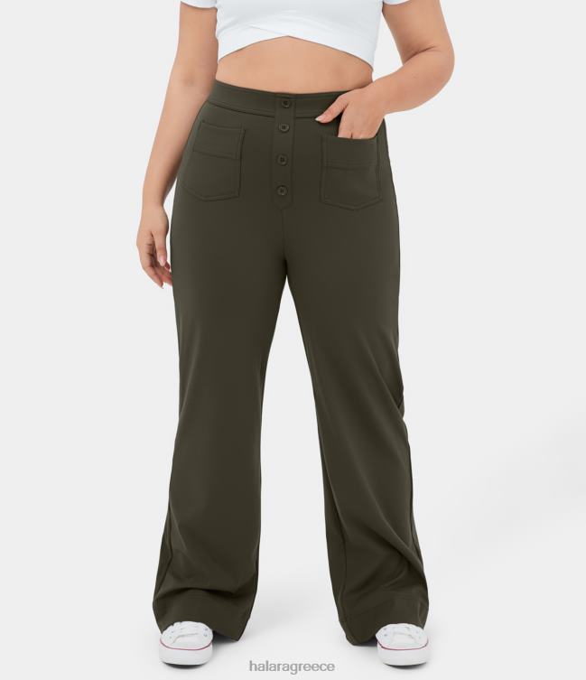 Ψηλόμεση κουμπιά με πολλές τσέπες ίσια casual plus size παντελόνια γυναίκες Halara 4TH822118 πυθμένα δασική νύχτα