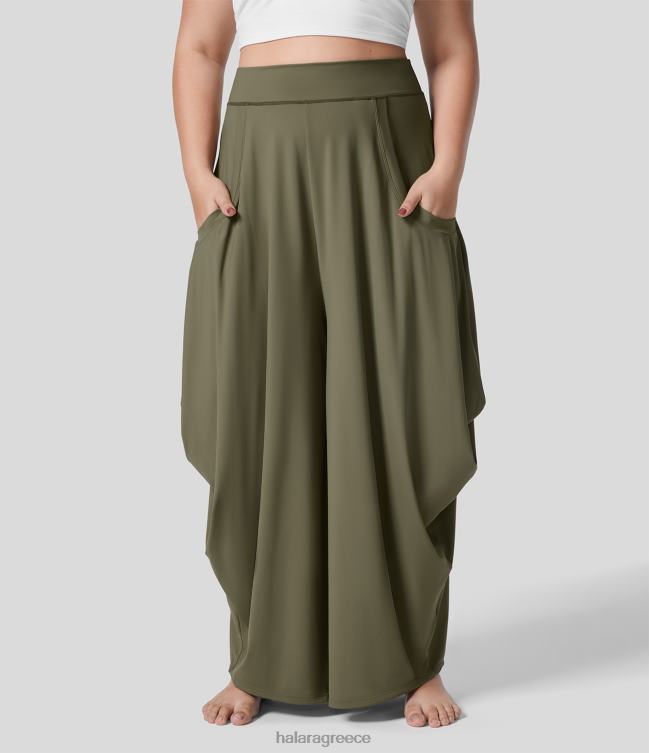 μεσαίου ύψους παντελόνι με πολλές τσέπες ντραπέ φαρδύ casual plus size γυναίκες Halara 4TH822134 πυθμένα μαραμένο πράσινο