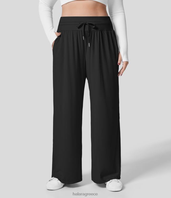 Ψηλόμεση πλαϊνή τσέπη με κορδόνι περίσφιξης με φαρδύ πόδι, casual plus size παντελόνι γυναίκες Halara 4TH822135 πυθμένα μαύρος