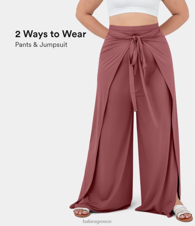Ψηλόμεση γραβάτα μπροστά με σπαστό στρίφωμα palazzo φαρδύ ριχτό casual plus size παντελόνι γυναίκες Halara 4TH822132 πυθμένα ανοιχτό ροζ κόκκινο