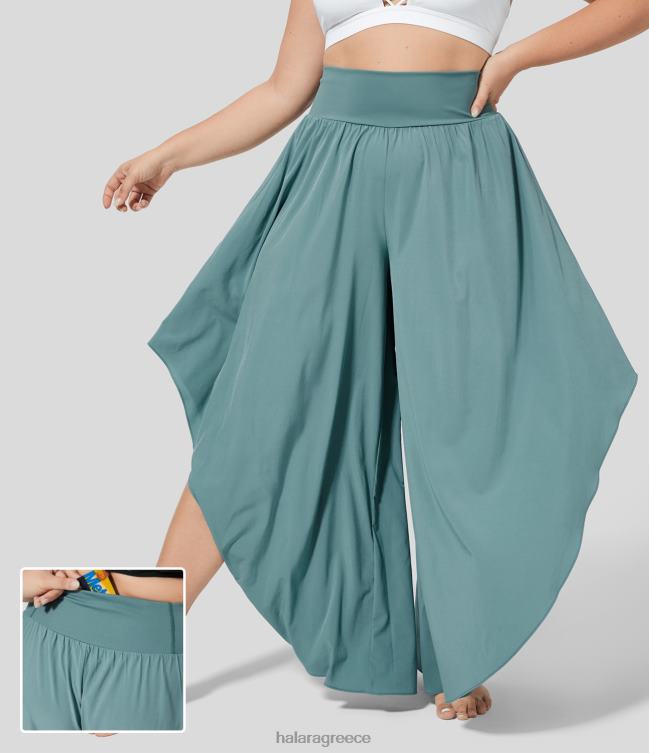 άνετο ψηλόμεσο πίσω τσεπάκι palazzo flowy βολάν φαρδύ πόδι παντελόνι γρήγορου στεγνώματος συν μέγεθος γυναίκες Halara 4TH822133 πυθμένα ορυκτό μπλε