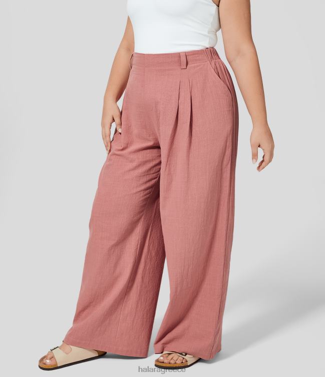 Ψηλόμεση πλαϊνή τσέπη με φαρδύ μπατζάκι, χαλαρό βαμβακερό παντελόνι plus size γυναίκες Halara 4TH82485 πυθμένα ροζέτα