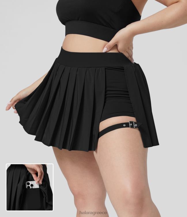 άνετη ψηλόμεση πλισέ 2 σε 1 πλαϊνή τσέπη ρυθμιζόμενη πόρπη γρήγορη στεγνή μίνι casual plus size φούστα γυναίκες Halara 4TH82526 πυθμένα μαύρος