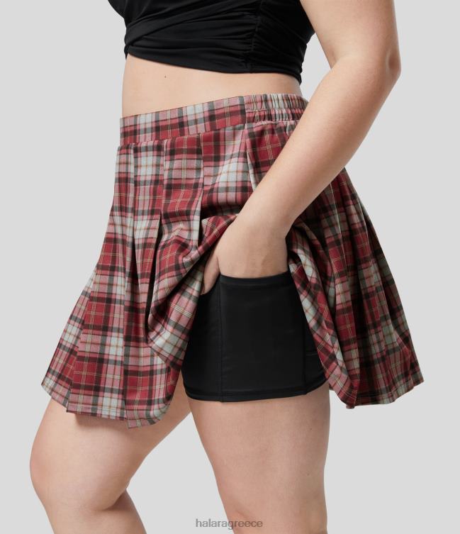 ψηλόμεση 2 σε 1 πλαϊνή τσέπη καρό πλισέ μίνι casual plus size φούστα γυναίκες Halara 4TH82545 πυθμένα τούβλο κόκκινο καρό