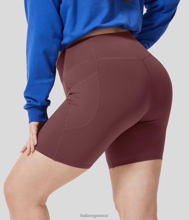 softlyzero ψηλόμεσο crossover πλαϊνό τσεπάκι yoga plus size biker σορτς 7" γυναίκες Halara 4TH821289 πυθμένα κόκκινο μαόνι