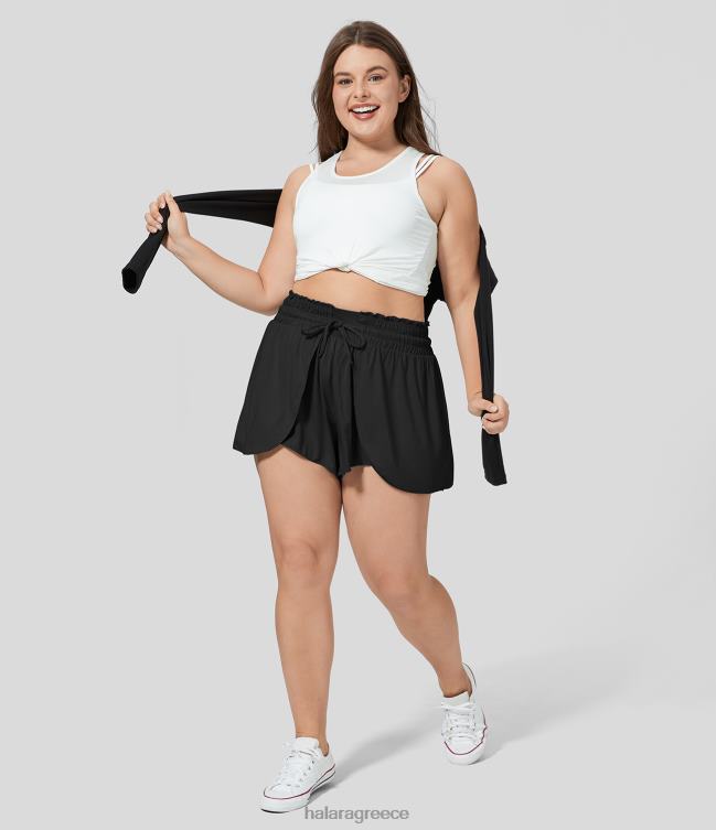 frill ψηλόμεσο ελαστικό σορτς με κορδόνι περίσφιξης σε στοίβες casual plus size σορτς γυναίκες Halara 4TH821269 πυθμένα μαύρος