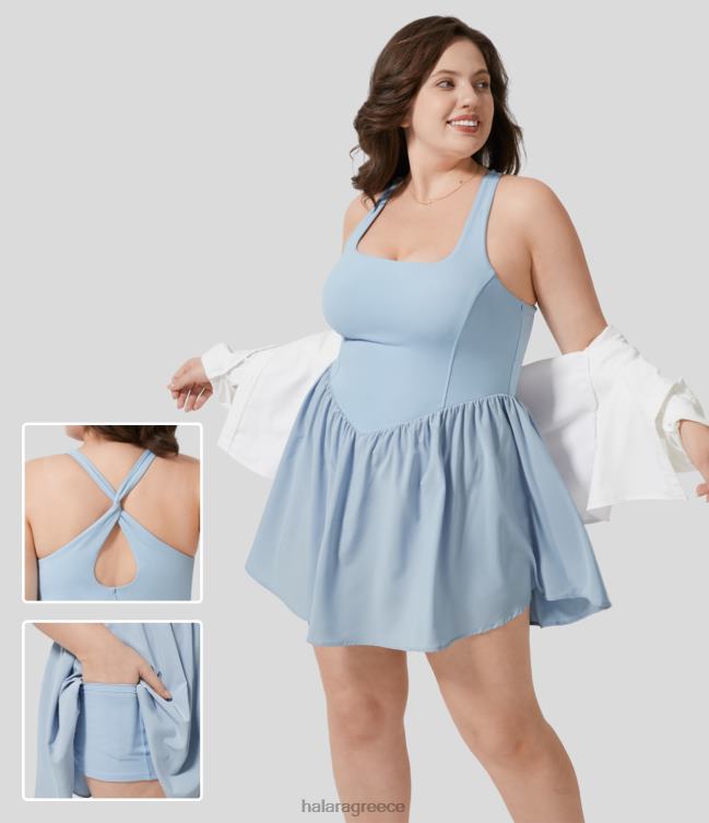 άνετο τετράγωνο λαιμό χωρίς πλάτη κομμένη σταυρωτή στριφτή πλάτη 2 σε 1 πλαϊνό κορσέ τσέπης μίνι γρήγορο στεγνό, ρευστό casual plus size φόρεμα γυναίκες Halara 4TH821256 ενεργά ρούχα ο άγγελος πέφτει