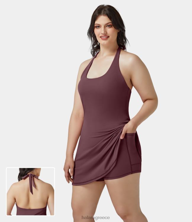 Φόρεμα softlyzero βελούδινο εξώπλατο 2 σε 1 plus size γυναίκες Halara 4TH822160 ενεργά ρούχα κόκκινο μαόνι