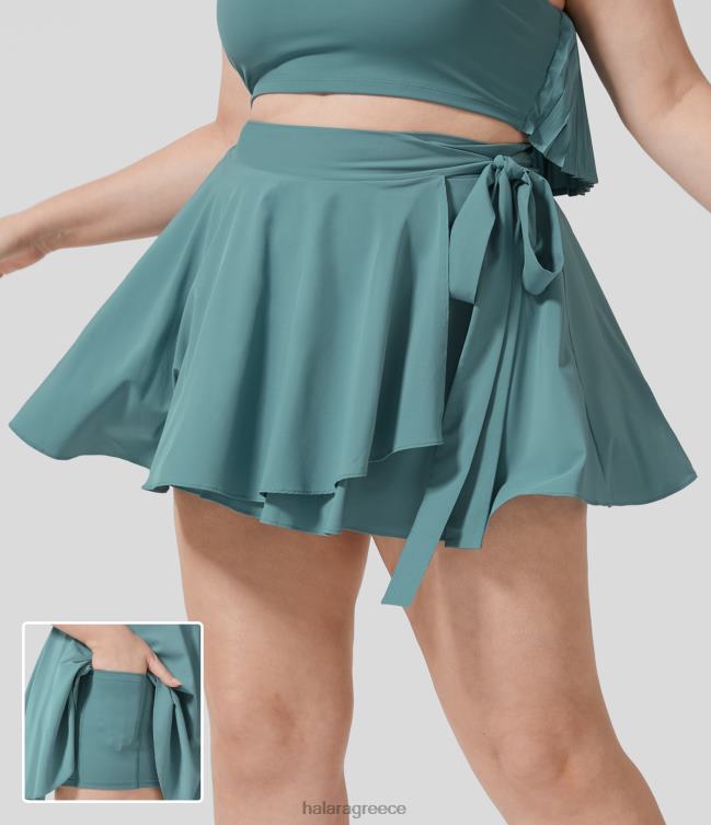 άνετη ψηλόμεση γραβάτα στο πλάι 2 σε 1 πλαϊνή τσέπη flowy micro mini flare fast dry casual plus size φούστα γυναίκες Halara 4TH82546 ενεργά ρούχα ορυκτό μπλε