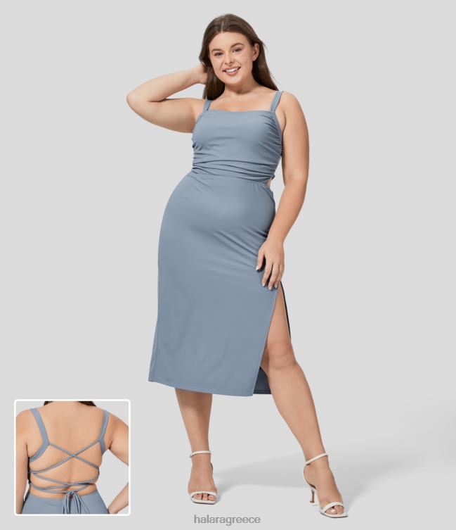 Ruched σπαστό εξώπλατο σταυρωτό κορδόνι μέχρι bodycon midi casual plus size φόρεμα γυναίκες Halara 4TH821083 είδη ένδυσης νιφάδα χιονιού μπλε