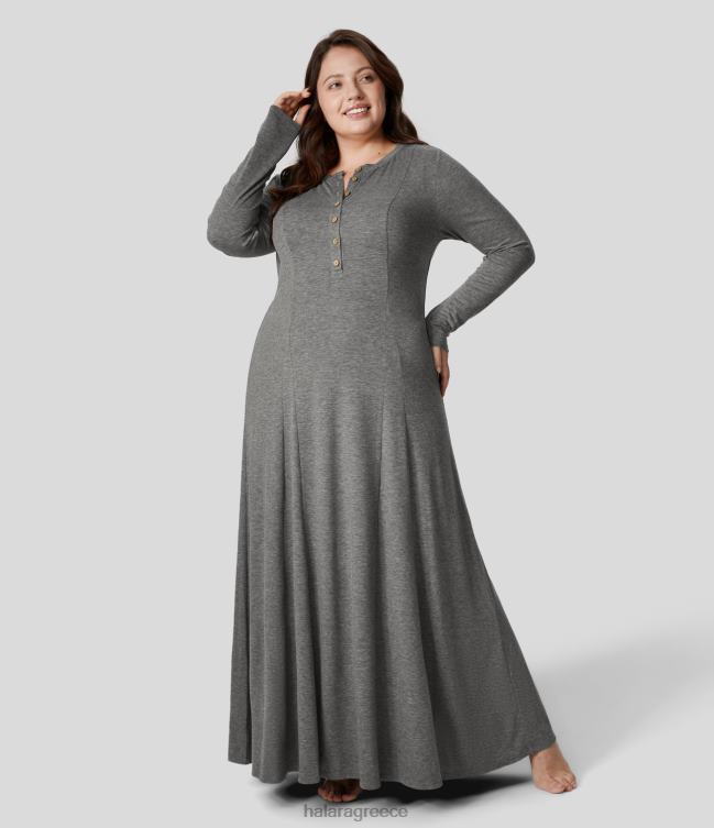 στρογγυλή λαιμόκοψη με μακρύ μανίκι flare maxi casual plus size φόρεμα γυναίκες Halara 4TH822157 είδη ένδυσης αγαπητέ γκρι φλοράλ νήματα