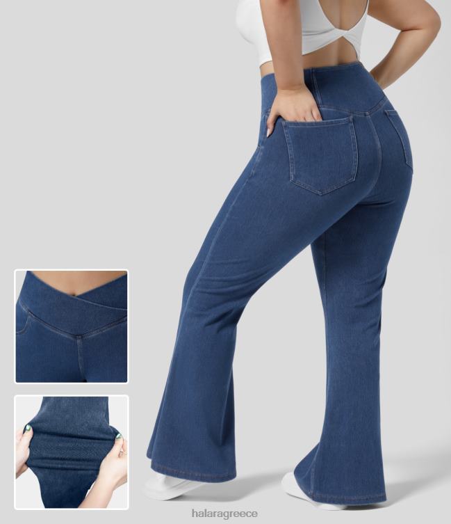 μαγική ψηλόμεση τσέπη crossover πλυμένη ελαστική πλεκτή casual plus size super flare τζιν γυναίκες Halara 4TH822112 είδη ένδυσης τζιν με μπλε της λίμνης