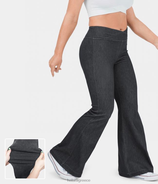 μαγικό ψηλόμεσο crossover ελαστικό πλεκτό plus size casual flare τζιν γυναίκες Halara 4TH82326 είδη ένδυσης πλυμένο τζιν μαύρο