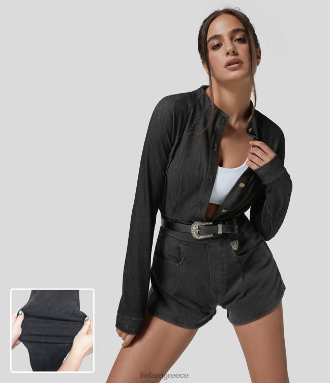 μαγική βάση γιακά με κουμπί με μακριά μανίκια τσέπη ελαστικό πλεκτό τζιν λεπτό μπουφάν εργασίας γυναίκες Halara 4TH821369 είδη ένδυσης πλυμένο τζιν μαύρο