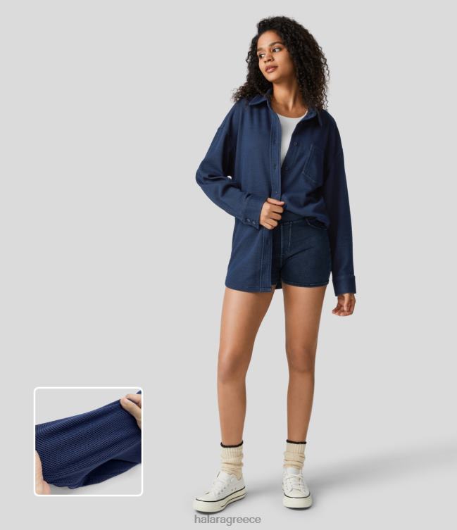 μαγικό κουμπί τσέπης στο στήθος μπροστινό κυρτό στρίφωμα ελαστικό πλεκτό τζιν casual μπουφάν με βάφλα γυναίκες Halara 4TH821361 είδη ένδυσης σκούρο μπλε βάφλα