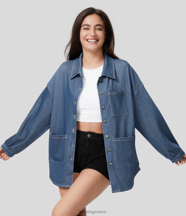 μαγικό γιακά με πολλαπλές τσέπες μπροστινό μπουφάν με σπαστό κυρτό στρίφωμα ελαστικό πλεκτό τζιν δουλειά oversize μπουφάν γυναίκες Halara 4TH821372 είδη ένδυσης πλυμένο τζιν γαλάζιο της λίμνης