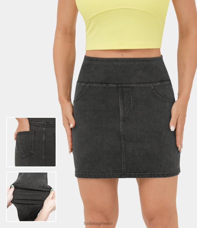 μαγική ψηλόμεση τσέπη πίσω ελαστική πλεκτή τζιν bodycon μίνι casual φούστα γυναίκες Halara 4TH82682 είδη ένδυσης πλυμένο τζιν μαύρο