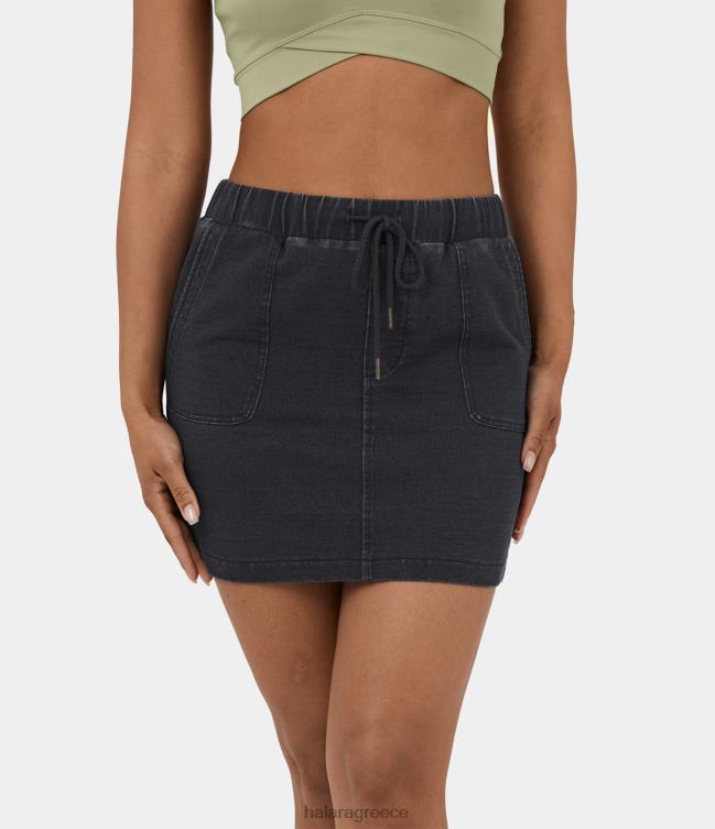 μαγική τσέπες με ψηλόμεσο κορδόνι περίσφιξης, ελαστική πλεκτή τζιν μίνι casual φούστα γυναίκες Halara 4TH82589 είδη ένδυσης πλυμένο τζιν μαύρο