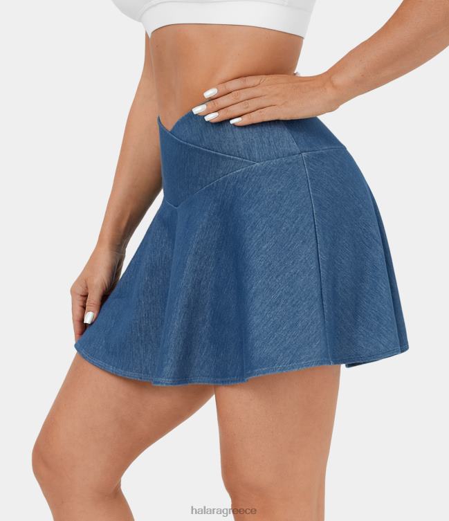 μαγική ψηλόμεση crossover 2-σε-1 πλαϊνή τσέπη ελαστική πλεκτή τζιν flare casual φούστα γυναίκες Halara 4TH82562 είδη ένδυσης πλυμένο τζιν γαλάζιο της λίμνης