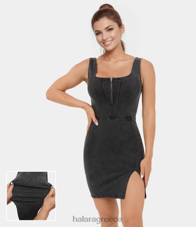 μαγικό μισό φερμουάρ, αμάνικο σπαστό στρίφωμα χωρίς πλάτη κορμάκι ελαστικό πλεκτό τζιν μίνι casual φόρεμα γυναίκες Halara 4TH821096 είδη ένδυσης σκούρο γκρι τζιν