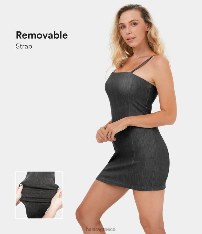μαγικό ρυθμιζόμενο και αφαιρούμενο λουράκι χωρίς πλάτη κορμάκι ελαστικό πλεκτό τζιν μίνι casual φόρεμα γυναίκες Halara 4TH821127 είδη ένδυσης πλυμένο τζιν μαύρο
