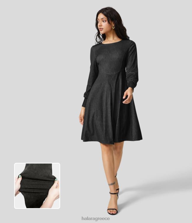 μαγικό στρογγυλή λαιμόκοψη με μακριά μανίκια πλαϊνή τσέπη κορσές plicked flare ελαστικό πλεκτό τζιν midi φόρεμα εργασίας γυναίκες Halara 4TH821236 είδη ένδυσης πλυμένο τζιν μαύρο