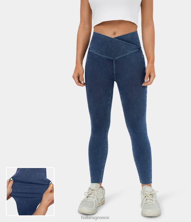μαγικό crossover πλαϊνή τσέπη πλυμένο ελαστικό πλεκτό τζιν κολάν εργασίας γυναίκες Halara 4TH821308 είδη ένδυσης τζιν με μπλε της λίμνης