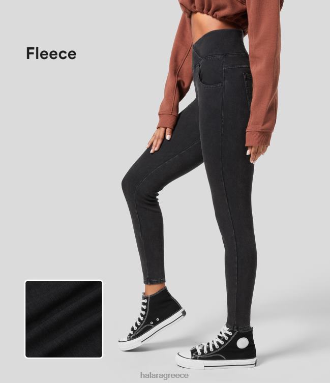 μαγικό ψηλόμεσο crossover πολλαπλές τσέπες ελαστικό πλεκτό τζιν fleece casual 7/8 κολάν γυναίκες Halara 4TH821345 είδη ένδυσης ζοφερό μαύρο τζιν
