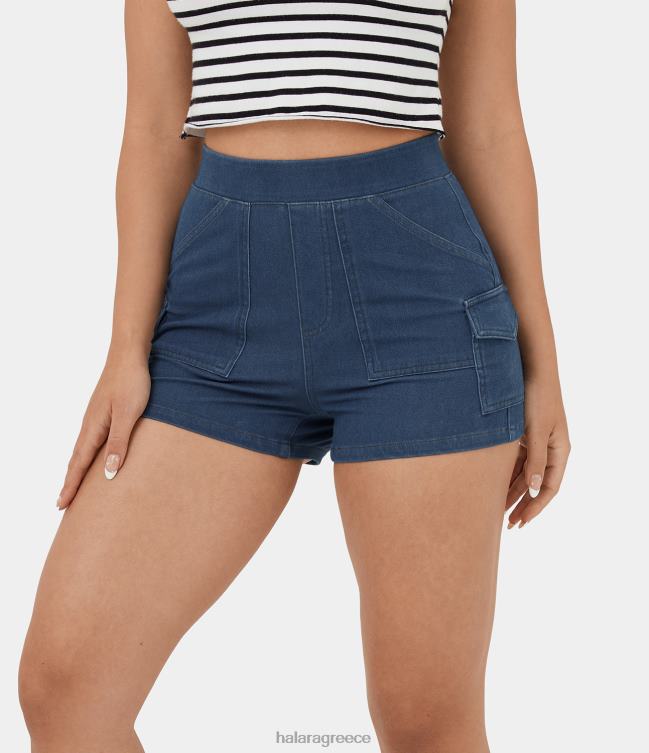 μαγικό ψηλόμεσο πολλαπλές τσέπες δροσερή αφή που αναπνέει πλυμένο ελαστικό πλεκτό τζιν casual σορτς 2,5'' γυναίκες Halara 4TH821336 είδη ένδυσης πλυμένο τζιν σκούρο μπλε