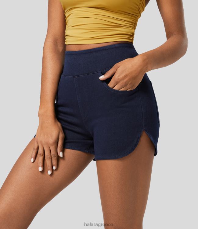 μαγικό ψηλόμεσο πολλαπλές τσέπες κυρτό στρίφωμα στενό πλυμένο ελαστικό πλεκτό τζιν casual σορτς 3'' γυναίκες Halara 4TH821325 είδη ένδυσης μελάνι μπλε τζιν