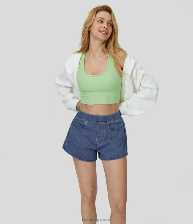 μαγικό τζιν casual σορτς με ψηλόμεση πλαϊνή τσέπη, ελαστικό πλεκτό γυναίκες Halara 4TH821357 είδη ένδυσης πλυμένο τζιν γαλάζιο της λίμνης