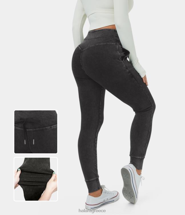 μαγική πλαϊνή τσέπη με κορδόνι περίσφιξης, πλυμένο ελαστικό πλεκτό casual τζιν γυναίκες Halara 4TH8211 είδη ένδυσης μαύρο γκρι τζιν